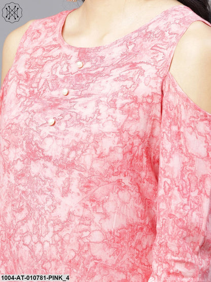Pink Printed 3/4Th Sleeve Cold Shoulder Cotton A-Line Kurta