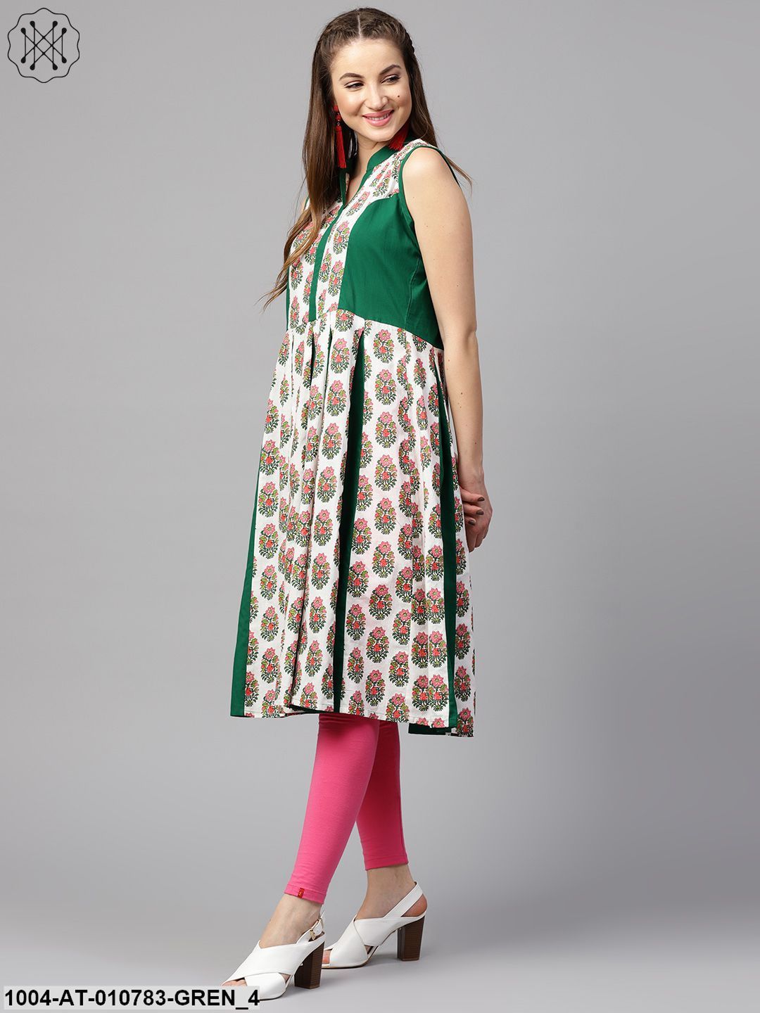 Green Printed Sleeveless Cotton Anarkali Kurta