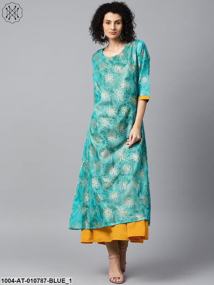 Blue Foil Printed 3/4Th Sleeve Anarkali Double Layer Kurta