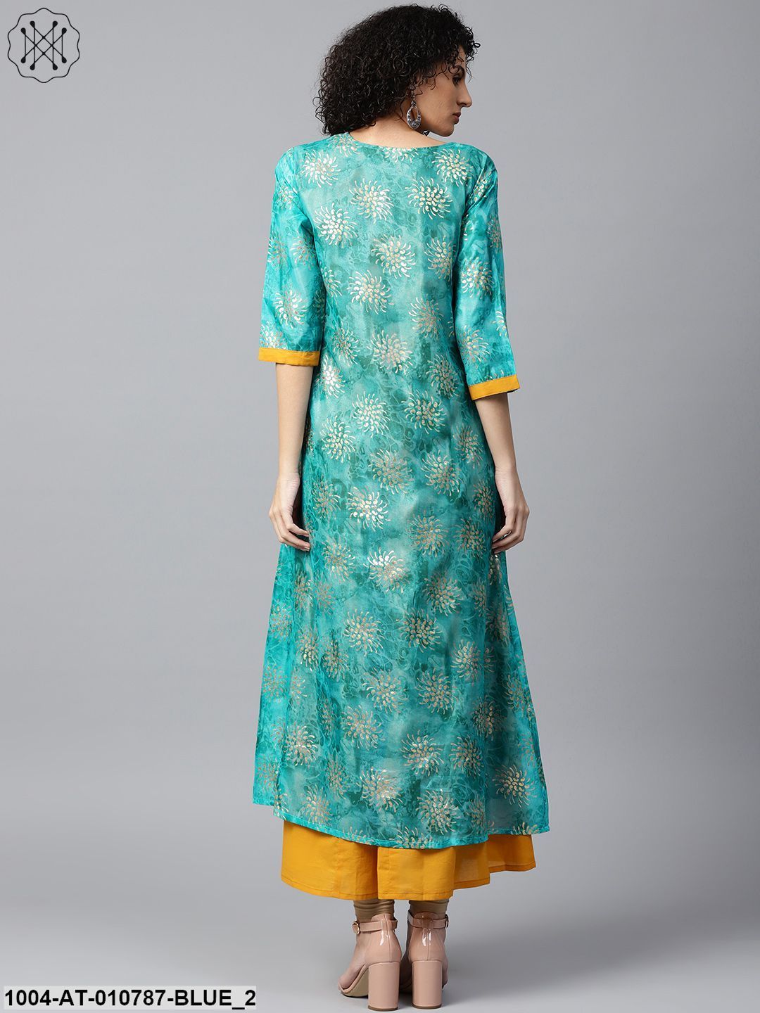 Blue Foil Printed 3/4Th Sleeve Anarkali Double Layer Kurta