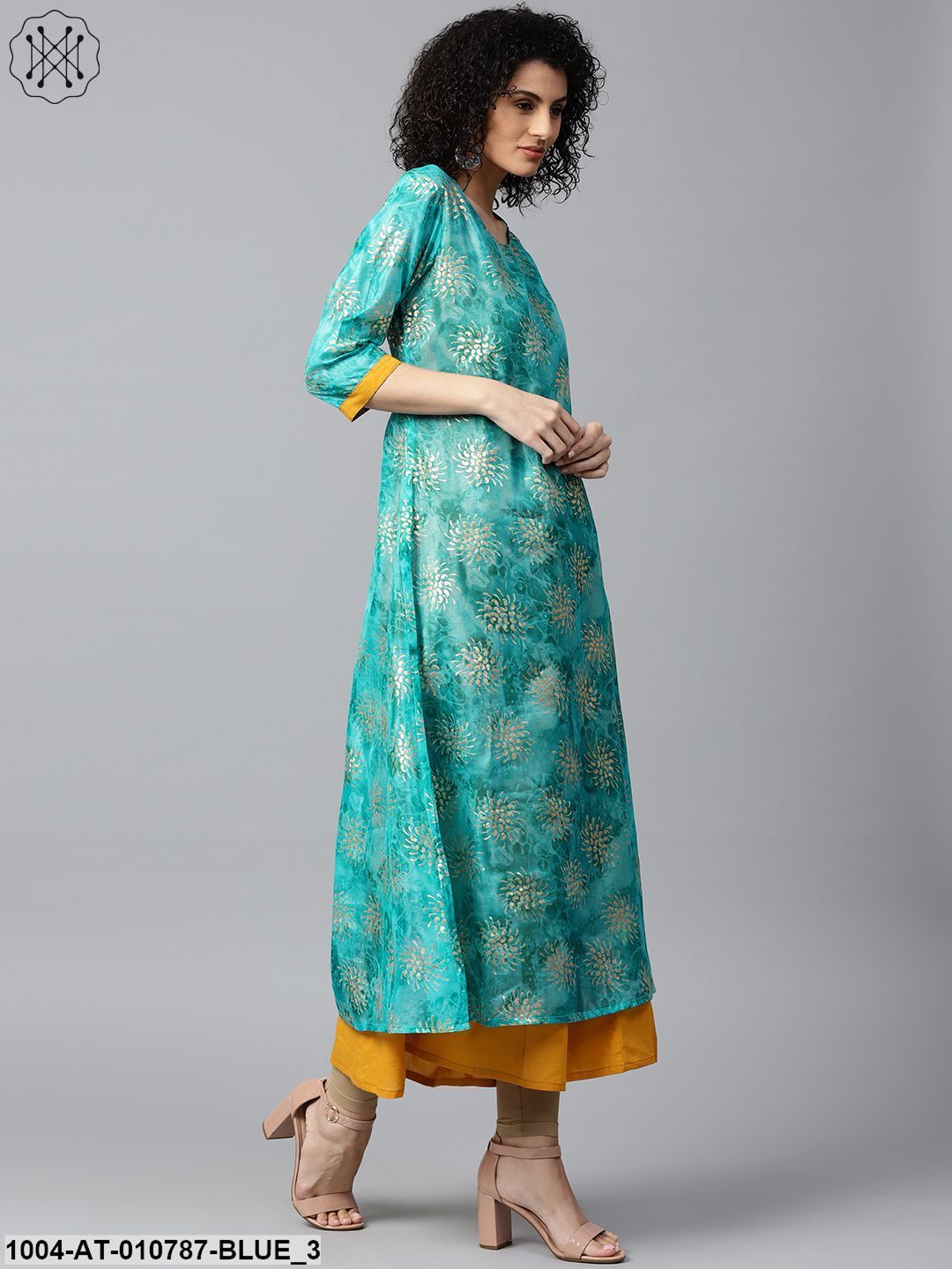 Blue Foil Printed 3/4Th Sleeve Anarkali Double Layer Kurta
