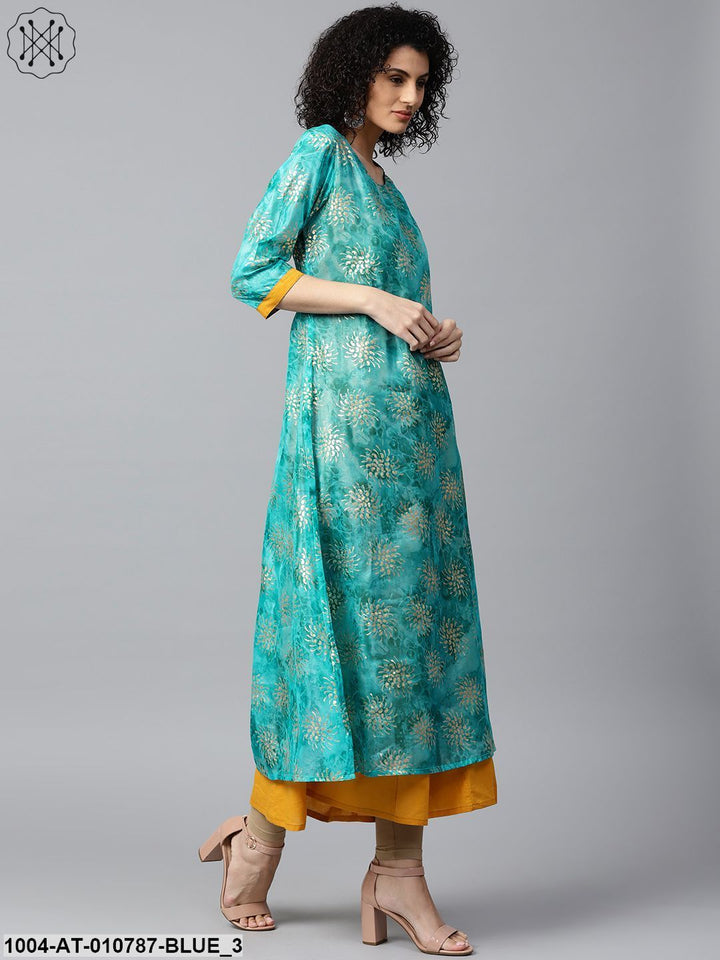 Blue Foil Printed 3/4Th Sleeve Anarkali Double Layer Kurta