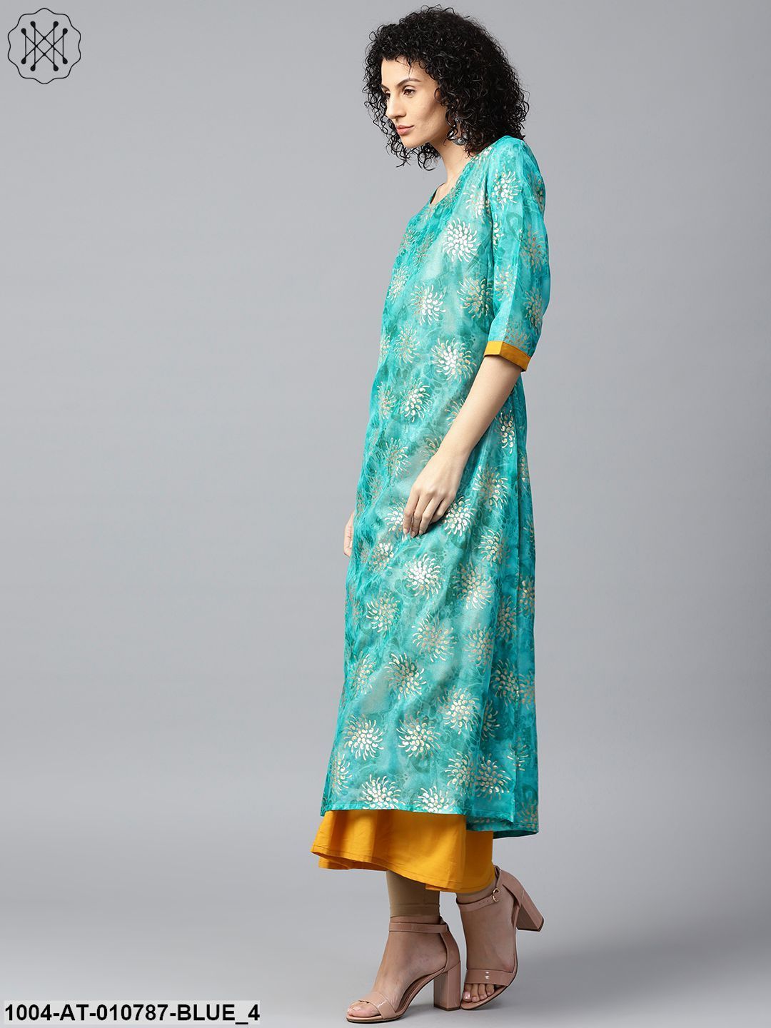 Blue Foil Printed 3/4Th Sleeve Anarkali Double Layer Kurta