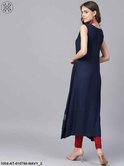 Navy Blue Block Printed Sleeveless Rayon A-Line Kurta