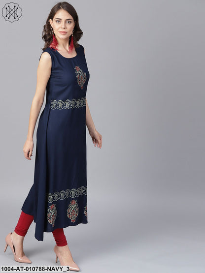 Navy Blue Block Printed Sleeveless Rayon A-Line Kurta