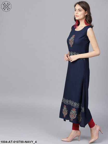 Navy Blue Block Printed Sleeveless Rayon A-Line Kurta