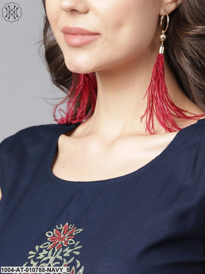 Navy Blue Block Printed Sleeveless Rayon A-Line Kurta