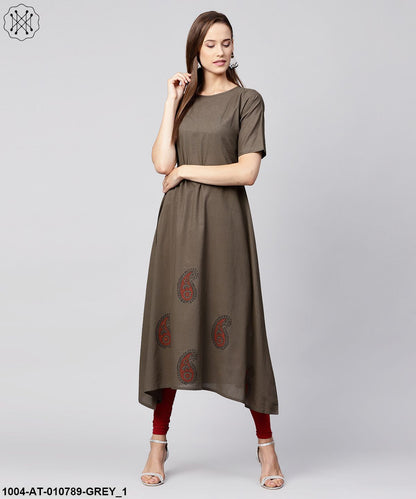 Grey Half Sleeve Block Printed Cotton A-Line Kurta