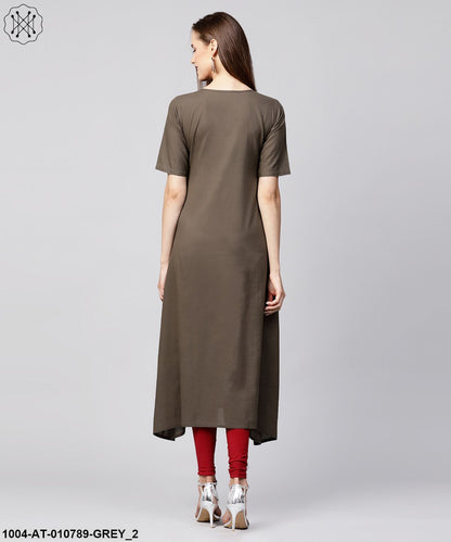 Grey Half Sleeve Block Printed Cotton A-Line Kurta