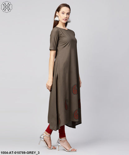 Grey Half Sleeve Block Printed Cotton A-Line Kurta