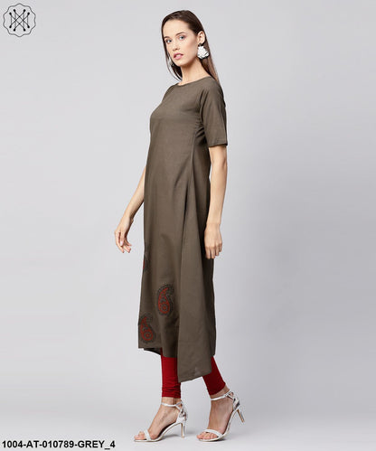 Grey Half Sleeve Block Printed Cotton A-Line Kurta