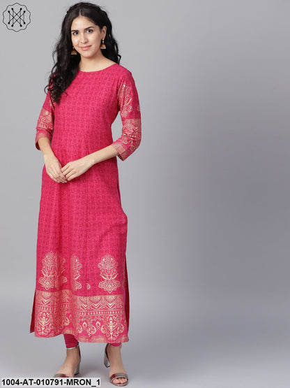 Maroon Printed 3/4Th Sleeve Cotton A-Line Kurta