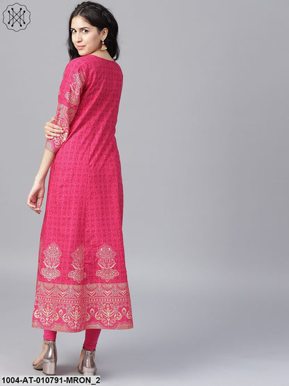 Maroon Printed 3/4Th Sleeve Cotton A-Line Kurta