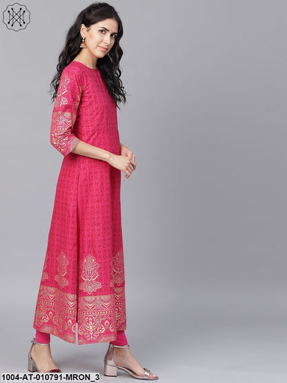 Maroon Printed 3/4Th Sleeve Cotton A-Line Kurta