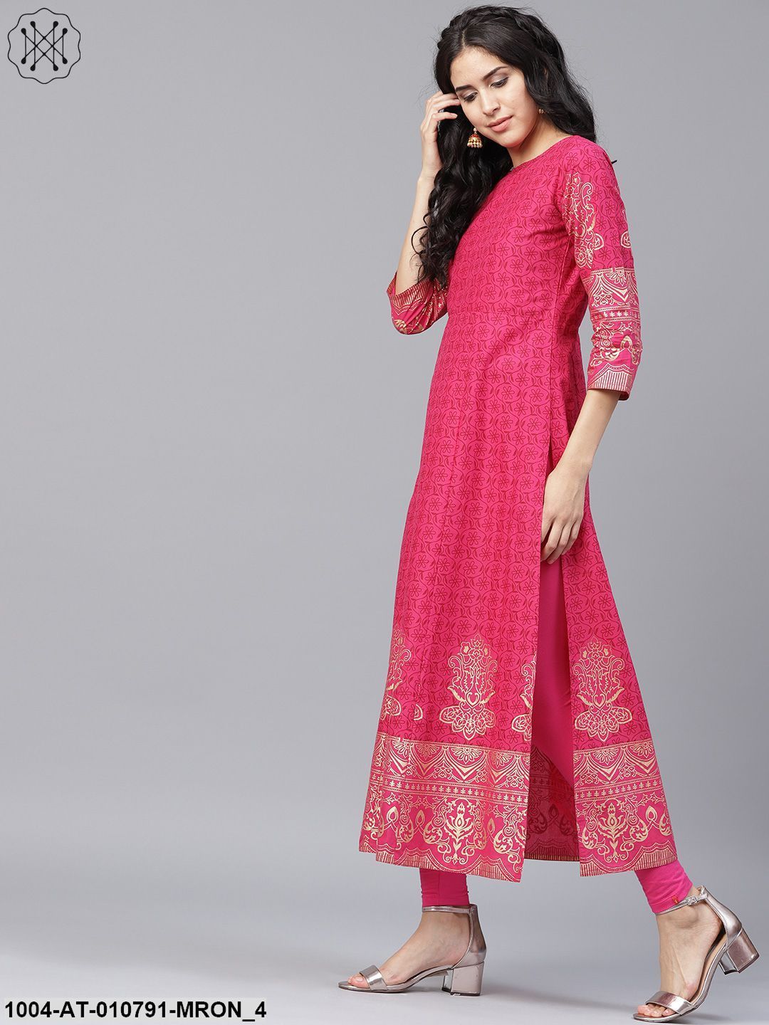 Maroon Printed 3/4Th Sleeve Cotton A-Line Kurta