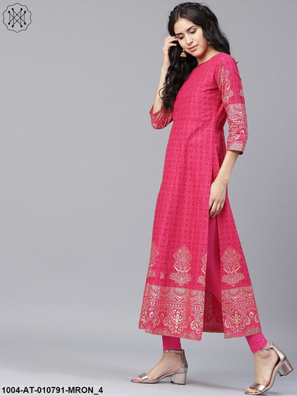 Maroon Printed 3/4Th Sleeve Cotton A-Line Kurta
