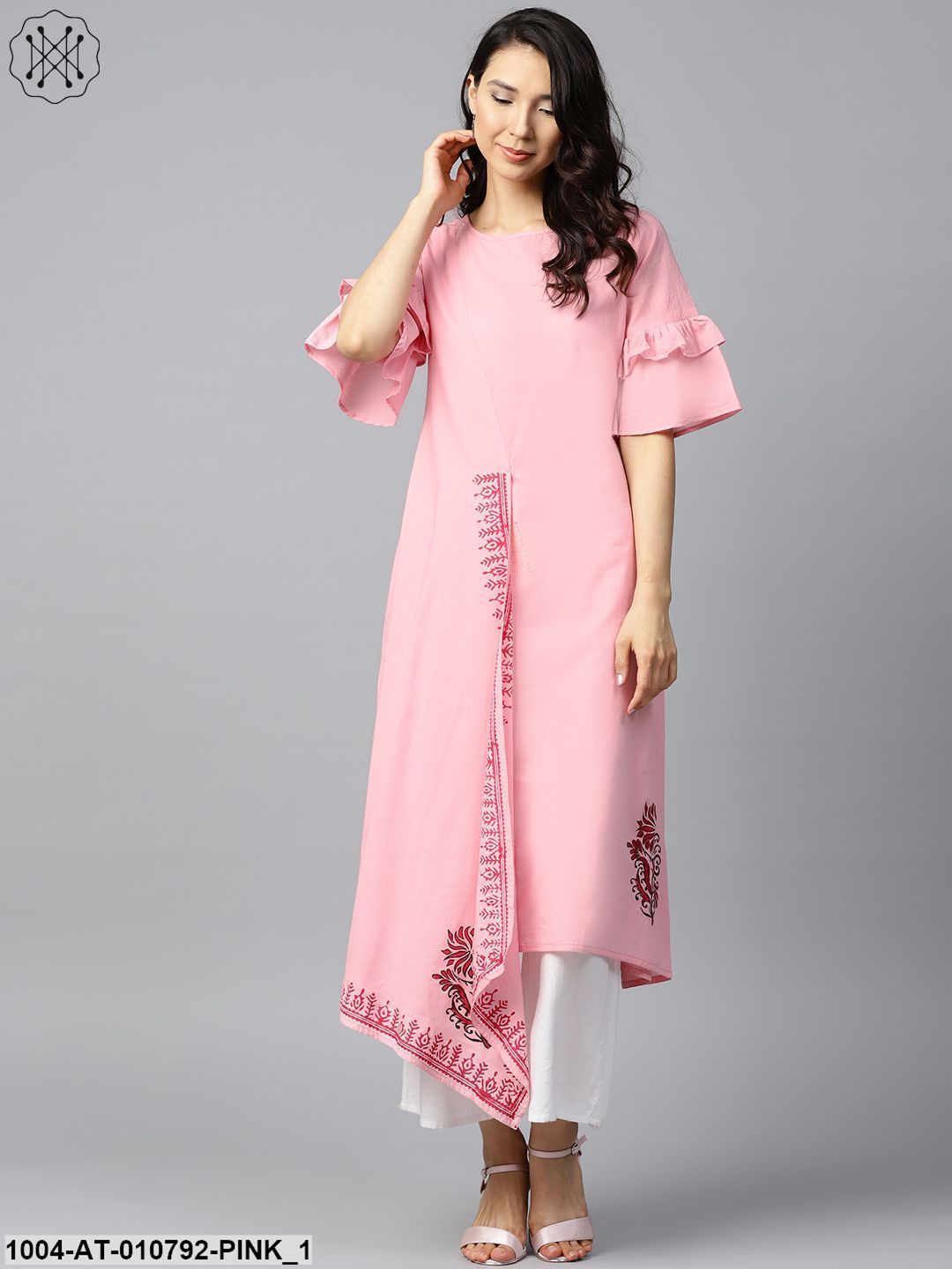 Pink Block Printed Half Umbrella Sleeve Cotton A-Line Kurta