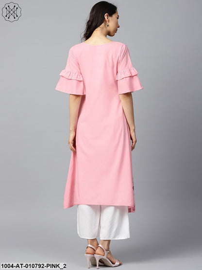 Pink Block Printed Half Umbrella Sleeve Cotton A-Line Kurta