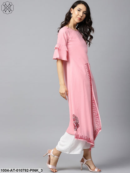 Pink Block Printed Half Umbrella Sleeve Cotton A-Line Kurta