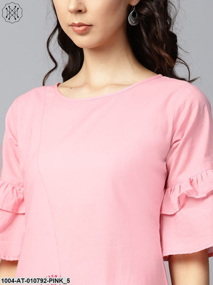 Pink Block Printed Half Umbrella Sleeve Cotton A-Line Kurta