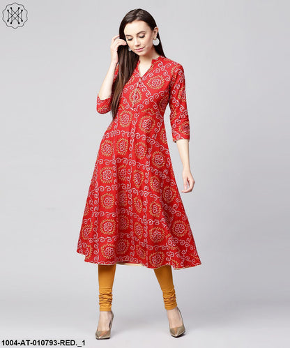 Red 3/4Th Sleeve Cotton Anarkali Kurta