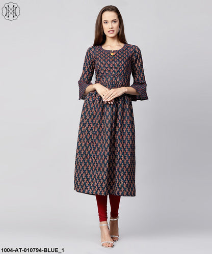Blue Printed Circle Sleeve Cotton Anarkali Kurta