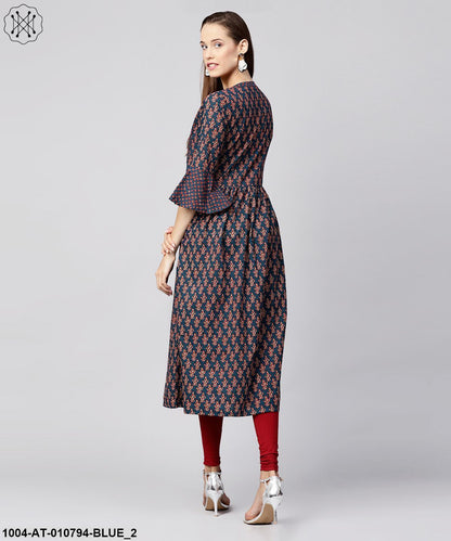Blue Printed Circle Sleeve Cotton Anarkali Kurta