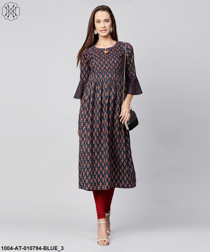 Blue Printed Circle Sleeve Cotton Anarkali Kurta