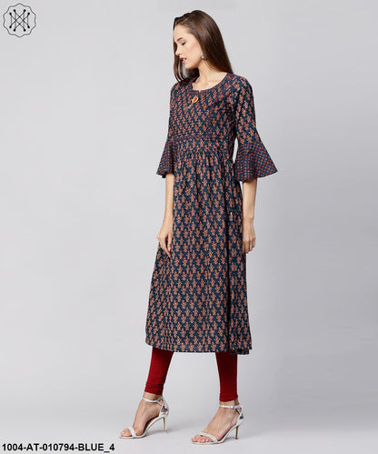 Blue Printed Circle Sleeve Cotton Anarkali Kurta