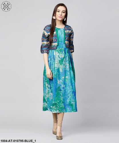 Blue Bangalori Printed Sleeveless A-Line Kurta With 3/4Th Sleeve Blouse Jacket