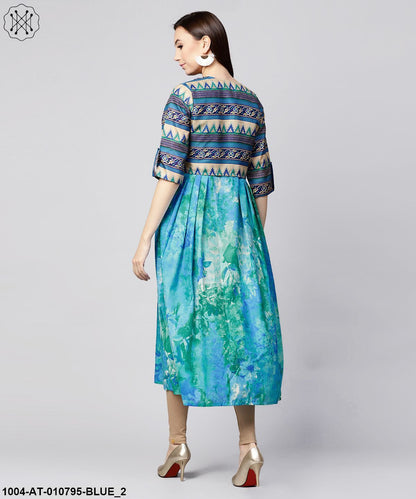 Blue Bangalori Printed Sleeveless A-Line Kurta With 3/4Th Sleeve Blouse Jacket