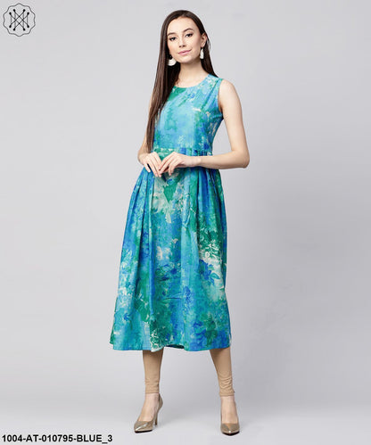 Blue Bangalori Printed Sleeveless A-Line Kurta With 3/4Th Sleeve Blouse Jacket