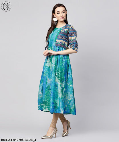 Blue Bangalori Printed Sleeveless A-Line Kurta With 3/4Th Sleeve Blouse Jacket
