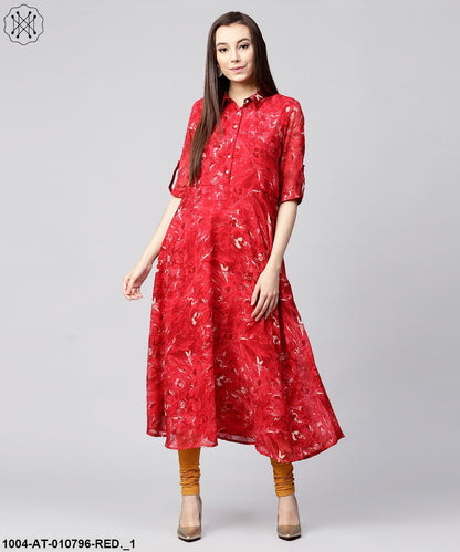 Red 3/4Th Sleeve Silk Baleno Printed Anarkali Kurta