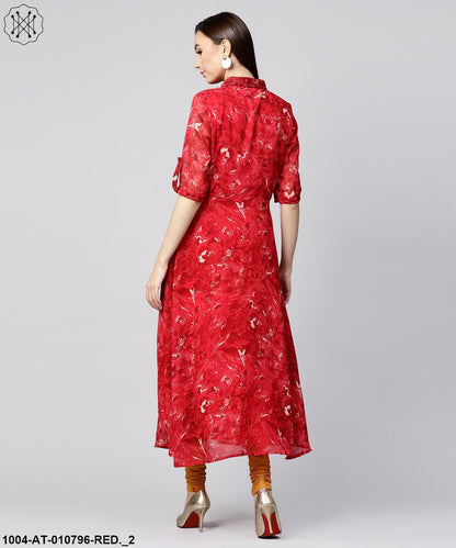 Red 3/4Th Sleeve Silk Baleno Printed Anarkali Kurta