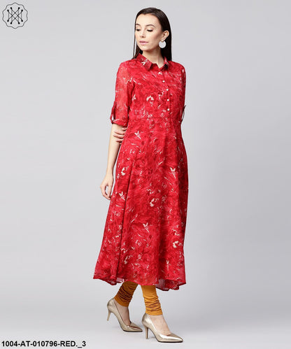 Red 3/4Th Sleeve Silk Baleno Printed Anarkali Kurta