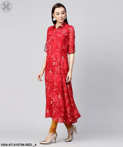 Red 3/4Th Sleeve Silk Baleno Printed Anarkali Kurta