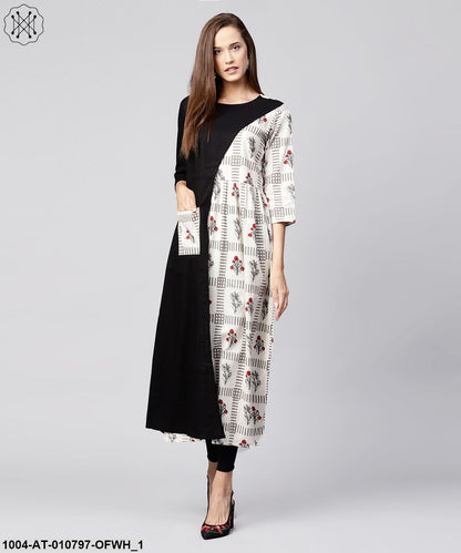 Off White & Black Printed Cotton 3/4Th Sleeve A-Line Kurta With Pocket At Front