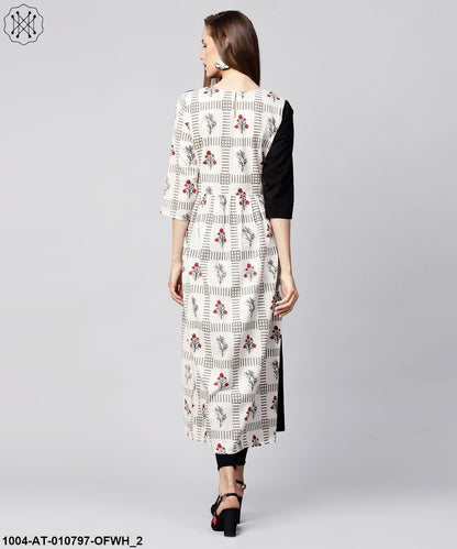 Off White & Black Printed Cotton 3/4Th Sleeve A-Line Kurta With Pocket At Front