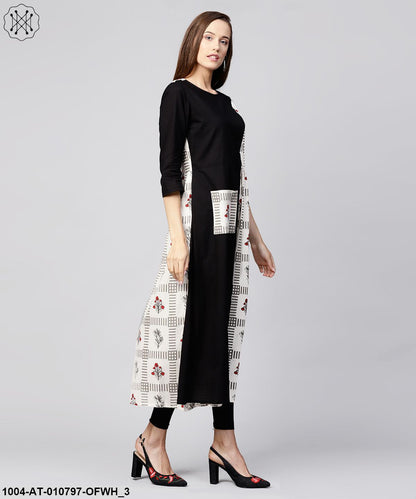 Off White & Black Printed Cotton 3/4Th Sleeve A-Line Kurta With Pocket At Front