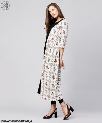 Off White & Black Printed Cotton 3/4Th Sleeve A-Line Kurta With Pocket At Front