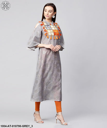Grey Foil Printed 3/4Th Circle Cold Shoulder Sleeve Cotton Kurta With Tussel Work At Yoke