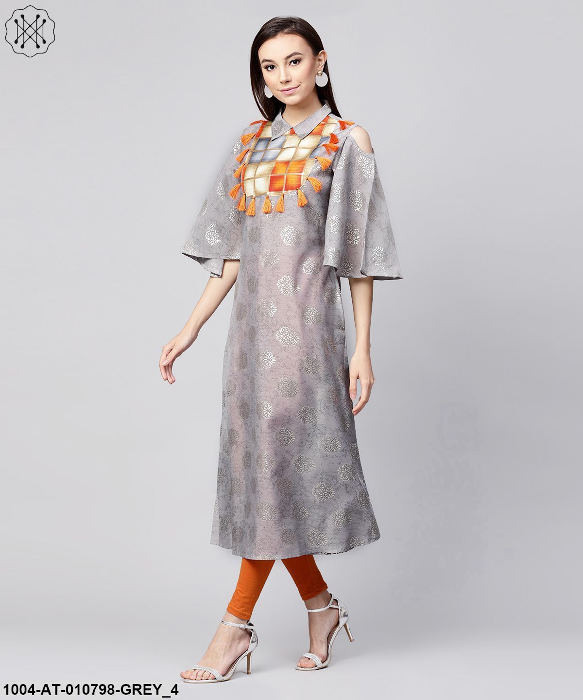 Grey Foil Printed 3/4Th Circle Cold Shoulder Sleeve Cotton Kurta With Tussel Work At Yoke