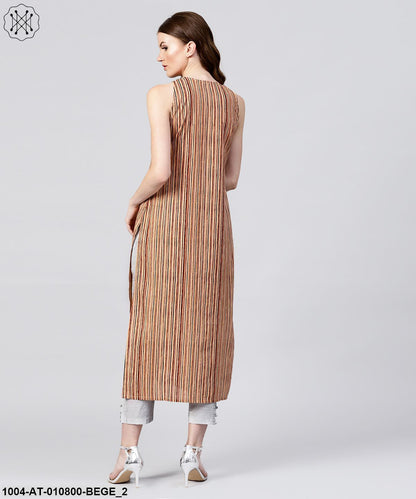 Beige Striped Sleeveless Cotton Long Kurta