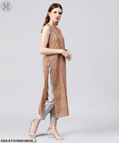 Beige Striped Sleeveless Cotton Long Kurta