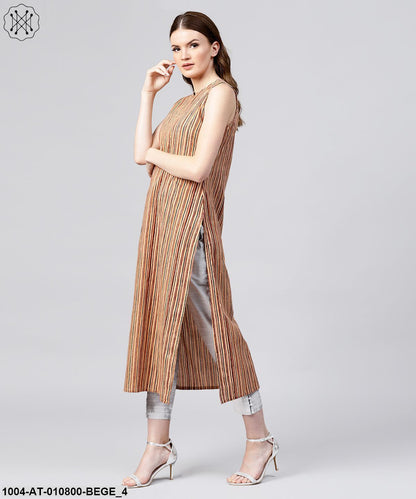 Beige Striped Sleeveless Cotton Long Kurta