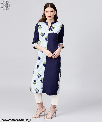 Blue Striped Printed 3/4Th Sleeve Crepe Kurta