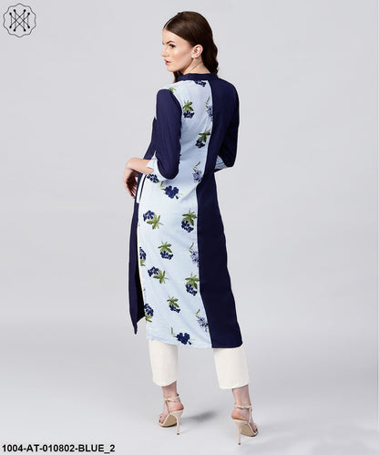 Blue Striped Printed 3/4Th Sleeve Crepe Kurta