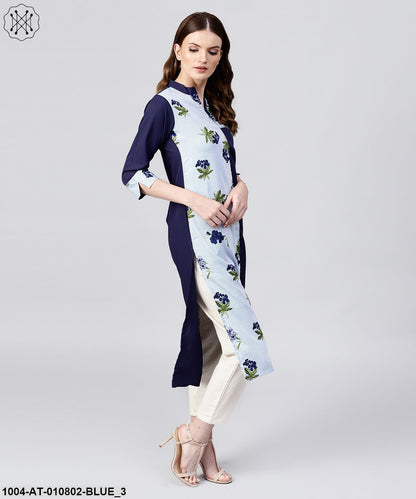Blue Striped Printed 3/4Th Sleeve Crepe Kurta