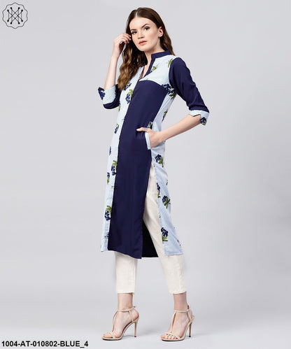 Blue Striped Printed 3/4Th Sleeve Crepe Kurta